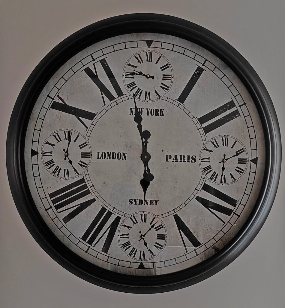 Wandklok vintage XXXL met wereldtijden - 90cm diameter, Ophalen, Analoog, Werkt op batterijen, Zwart