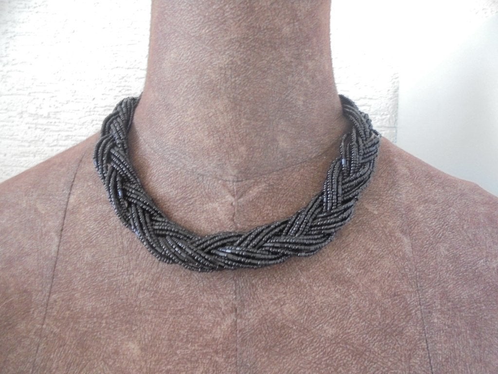 Gevlochten ketting kleine kraaltjes zwart verstelbaar, Verstelbaar, Zwart, Ophalen of Verzenden, Zo goed als nieuw