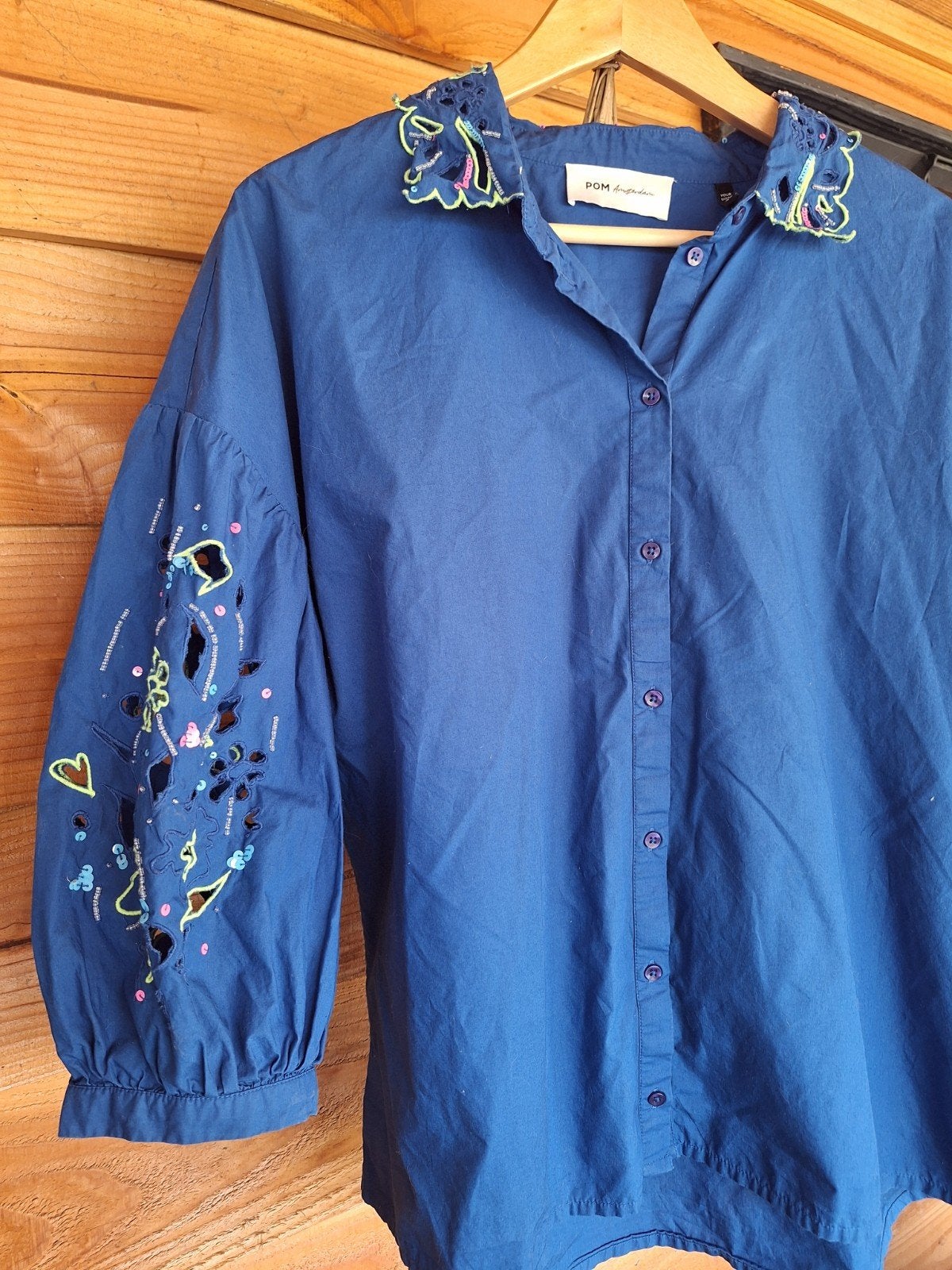 POM Amsterdam blouse met borduursels - Maat 42, POM Amsterdam, Blauw, Maat 42/44 (L), Ophalen of Verzenden