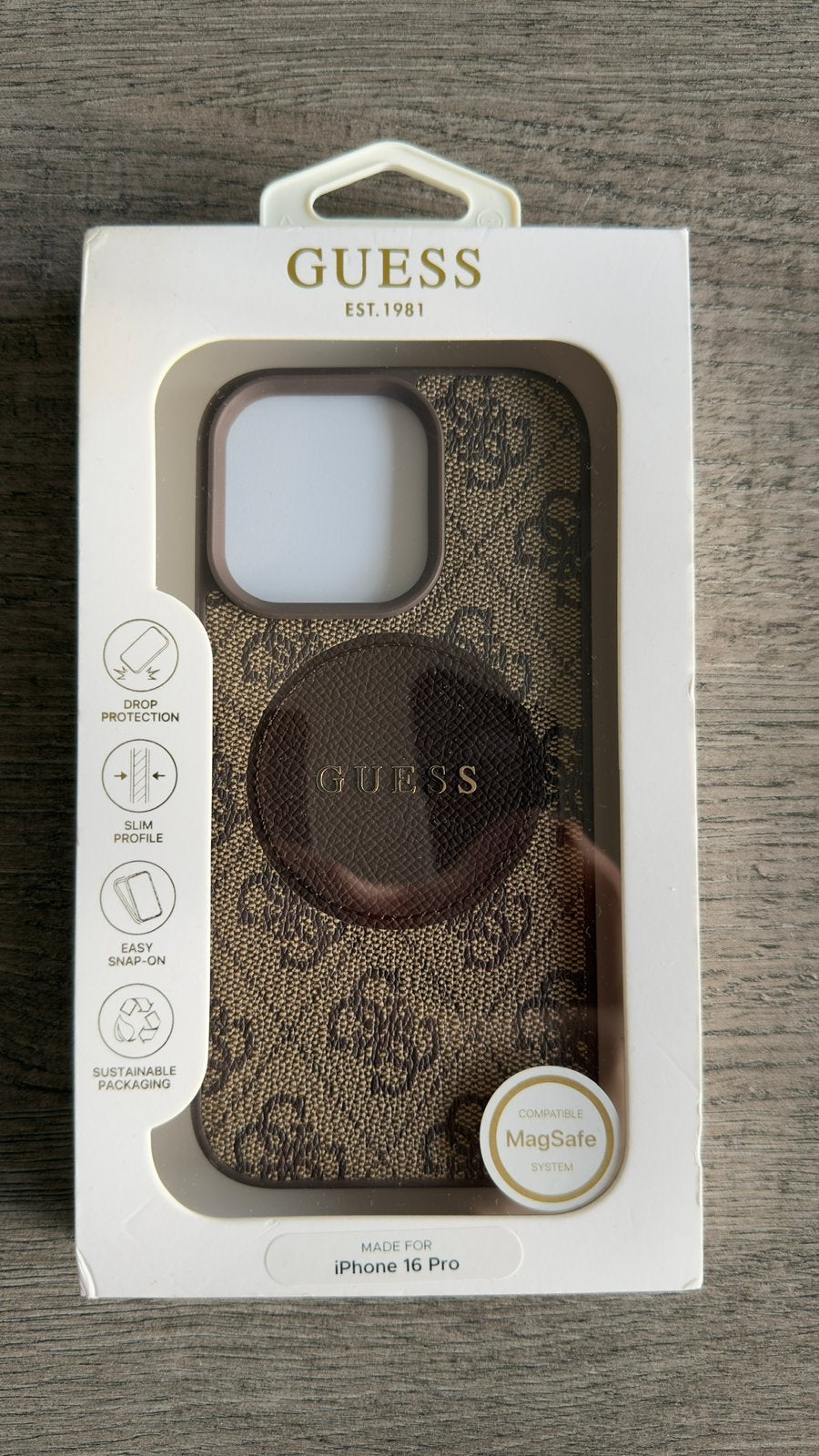 Guess telefoonhoesje, iPhone 16 pro, bruin, nieuw, IPhone 16 Pro, Frontje of Cover, Bruin, Nieuw