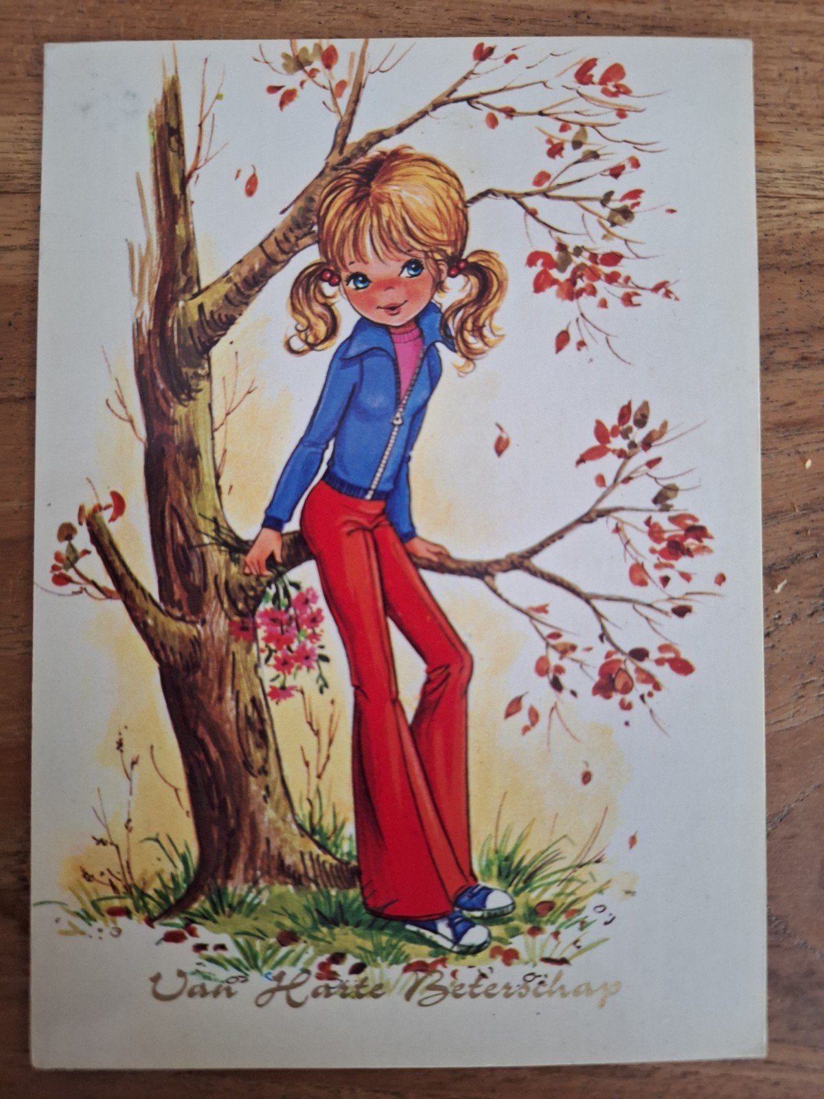 vintage Kinderkaart - "big eyes" stijl - meisje bij boom, Ophalen of Verzenden, 1980 tot heden, Gelopen, Kinderen
