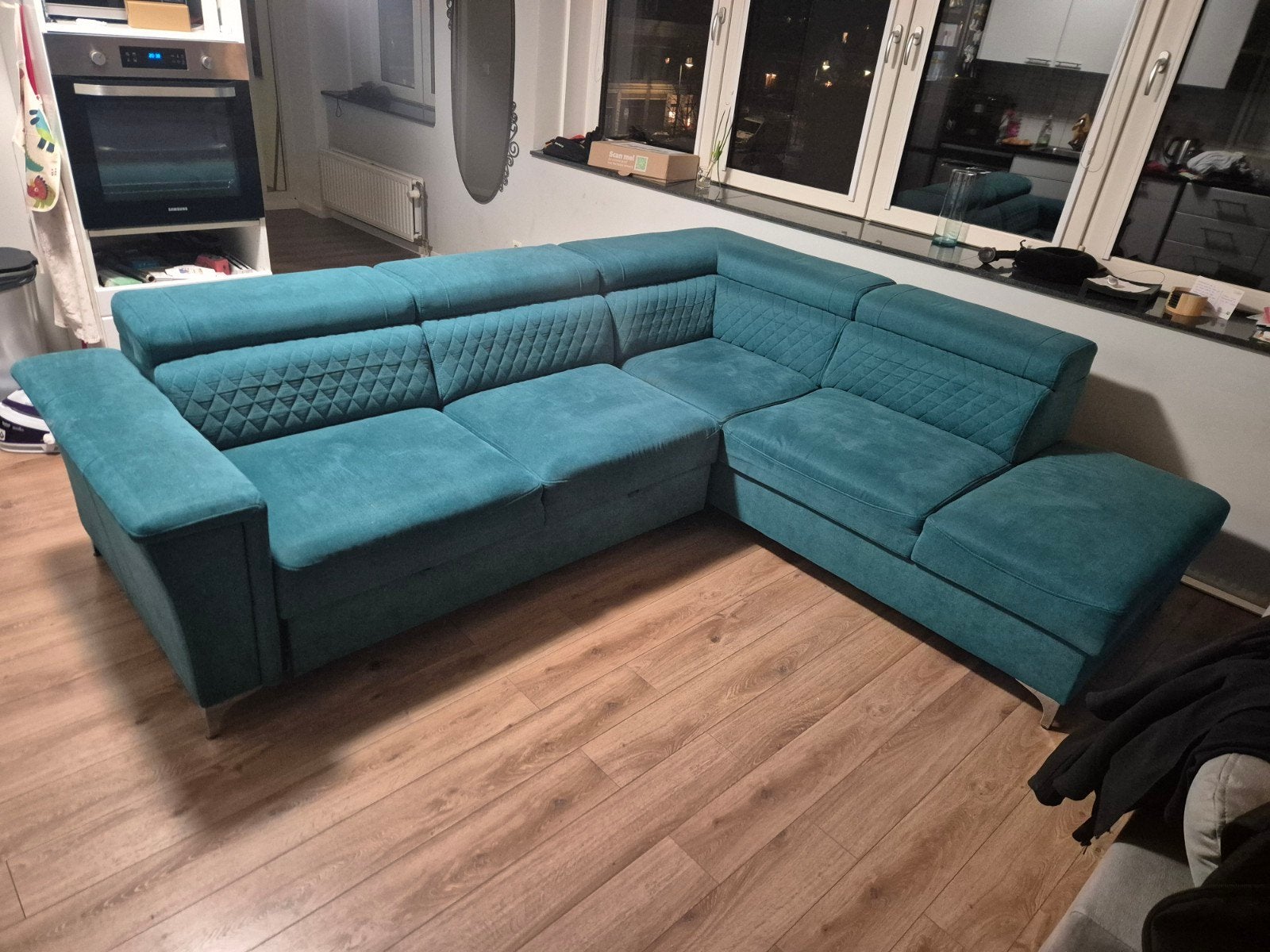Lounge Hoekbank Turquoise met Slaapfunctie - Rookvrij, Ophalen, 250 tot 300 cm, Gebruikt, Vierpersoons of meer