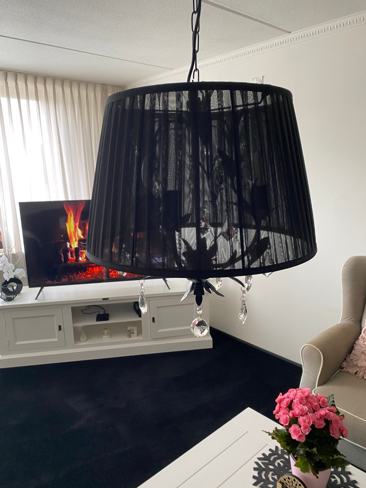 Zwarte hanglamp met kistal, Huis en Inrichting, Ophalen, Gebruikt, Textiel, E14 (klein)