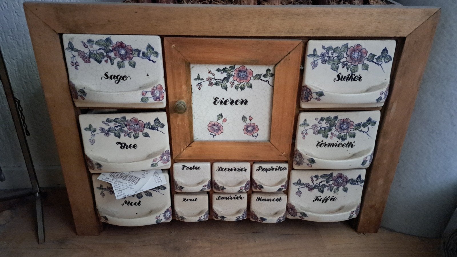Vintage kruidenrek met keramische lades - Handbeschilderd, Ophalen of Verzenden