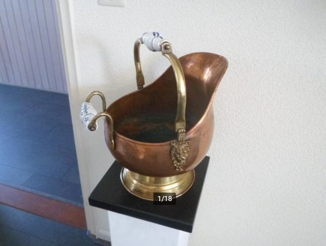 Koperen HELMKIT pot bloempot met leeuwenkoppen Delfts blauw, Ophalen of Verzenden, Koper