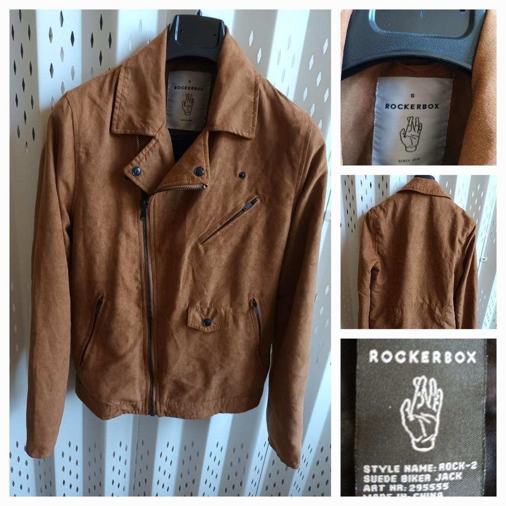ROCKERBOX Heren Fake-Suede Biker Jack - Maat S, Kleding | Heren, Jassen | Zomer, Gedragen, Maat 46 (S) of kleiner, Bruin, Ophalen of Verzenden