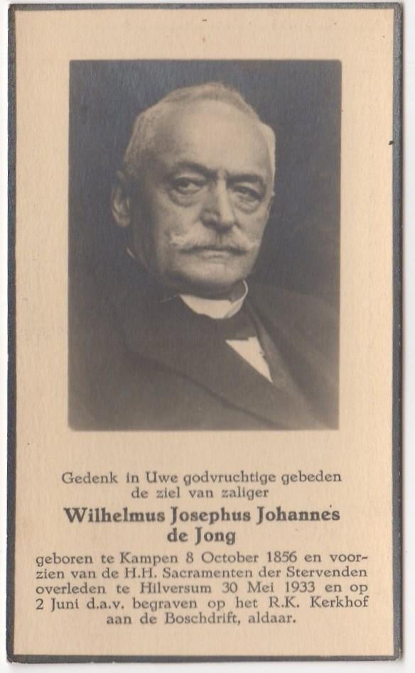 Wilhelmus J.J. de Jong 1856 Kampen + 1933 Hilversum, 76 jr, Verzenden