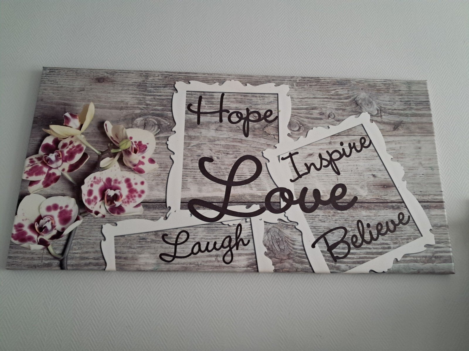 Canvas schilderij 80x40 cm orchideeën, love, laugh believe, Ophalen, Zo goed als nieuw, Schilderij, 75 tot 100 cm