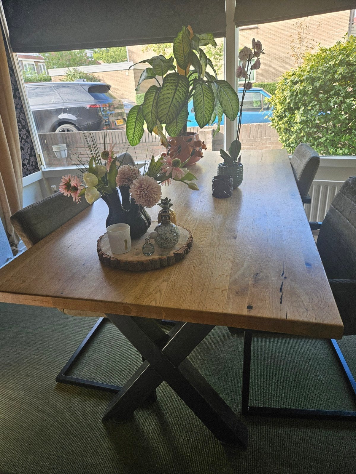 eetkamerset  massief eiken met stalen poot en 4 stoelen, Ophalen, 100 tot 150 cm, Eikenhout, 200 cm of meer