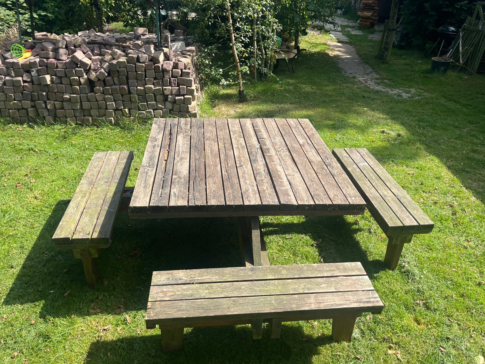 8 persoons picknick tafel, Ophalen, Gebruikt, Vierkant, Hout