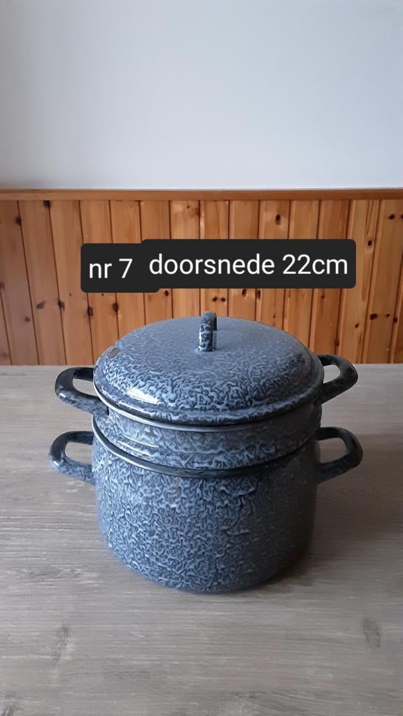EMAILLE GRIJSGEWOLKTE STOOMPAN DIAMETER 22CM., Antiek en Kunst, Antiek | Emaille, Ophalen of Verzenden