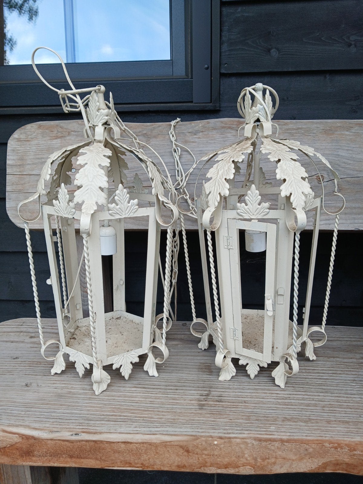 Set van 2 decoratieve metalen lantaarns, crèmekleurig, Ophalen