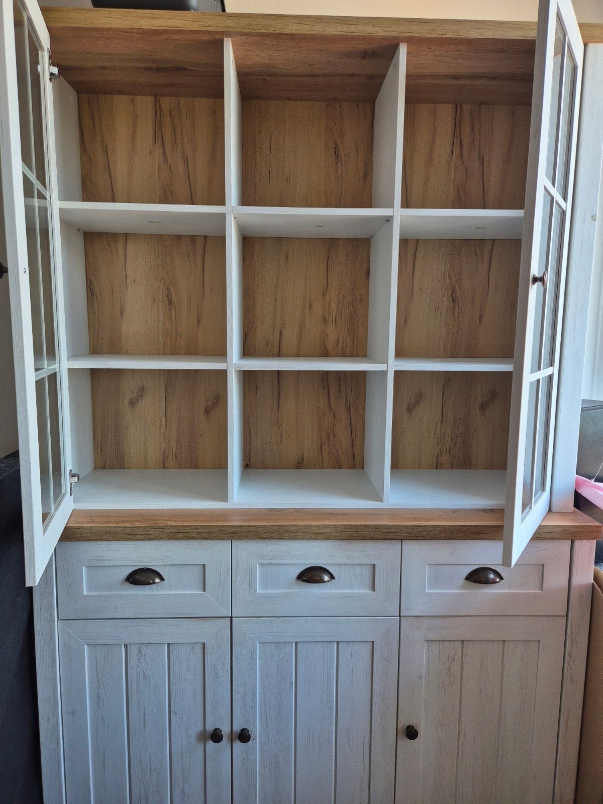 Landelijk dressoir met vitrinekast - wit/eiken, Ophalen, Gebruikt, 100 tot 150 cm, Met lade(s)