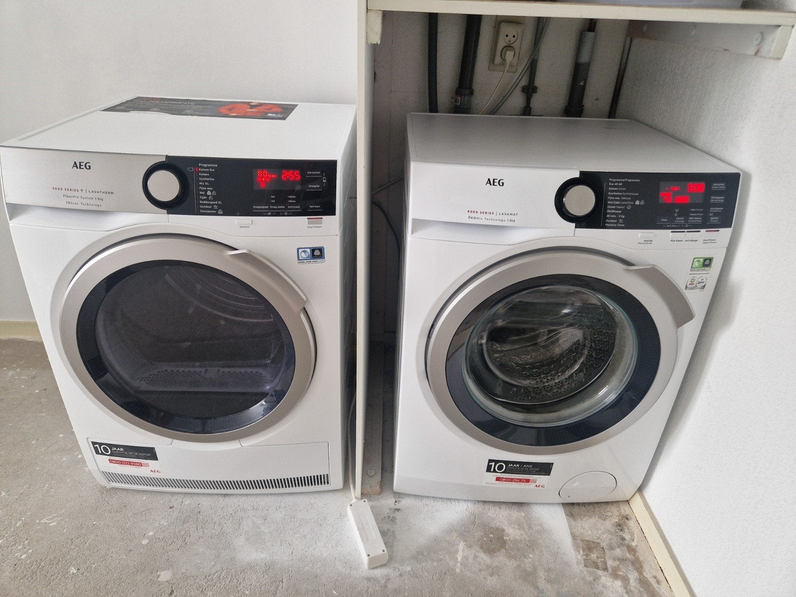 AEG Wasmachine en Droger Set, 8 tot 10 kg, Ophalen, Gebruikt, 85 tot 90 cm