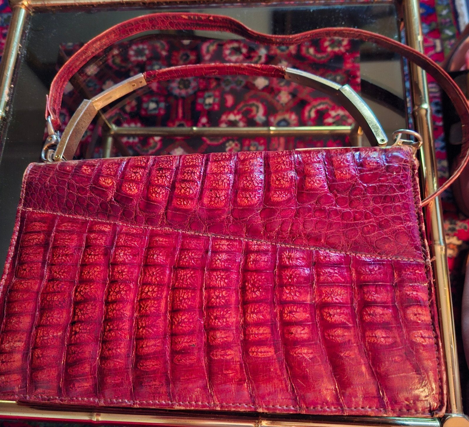 Vintage Krokodillenleren Avondtasje - Bordeauxrood, Ophalen of Verzenden, Gebruikt, Rood, Avondtasje
