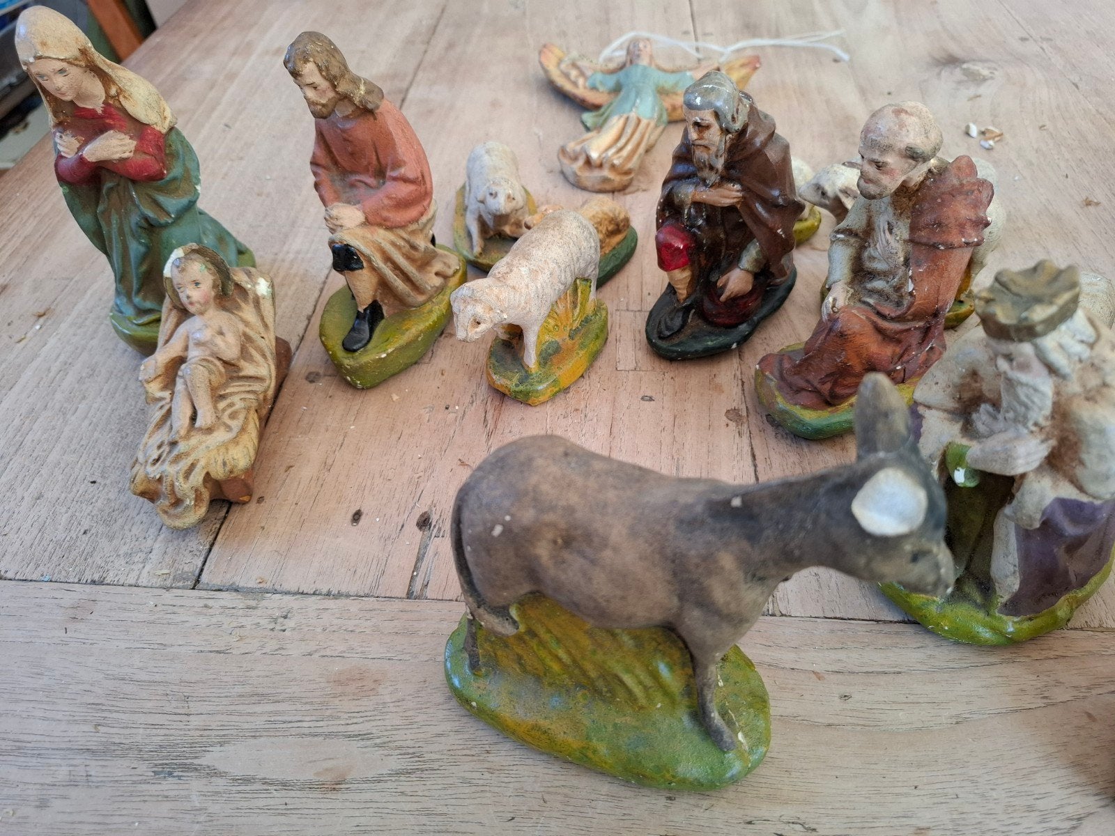 Antieke Kerststal Beelden Set - Handgeschilderd, Ophalen of Verzenden, Gebruikt, Beeld(je), Christendom | Katholiek