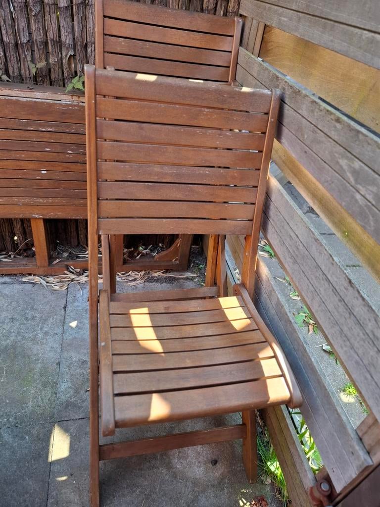 Houten tuinstoelen en tafel, inklapbaar, Ophalen of Verzenden, Gebruikt, Hout, Inklapbaar