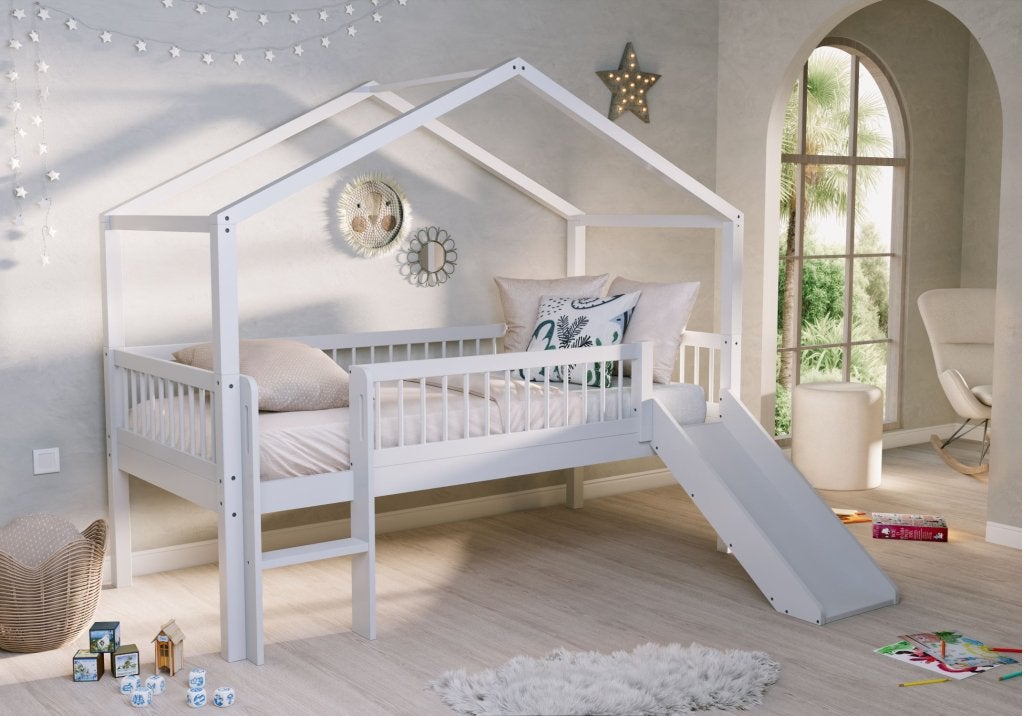 Forrest Beech huisbed met glijbaan - 90x200 - Wit beuken, Niet ingevuld, Niet ingevuld, Niet ingevuld