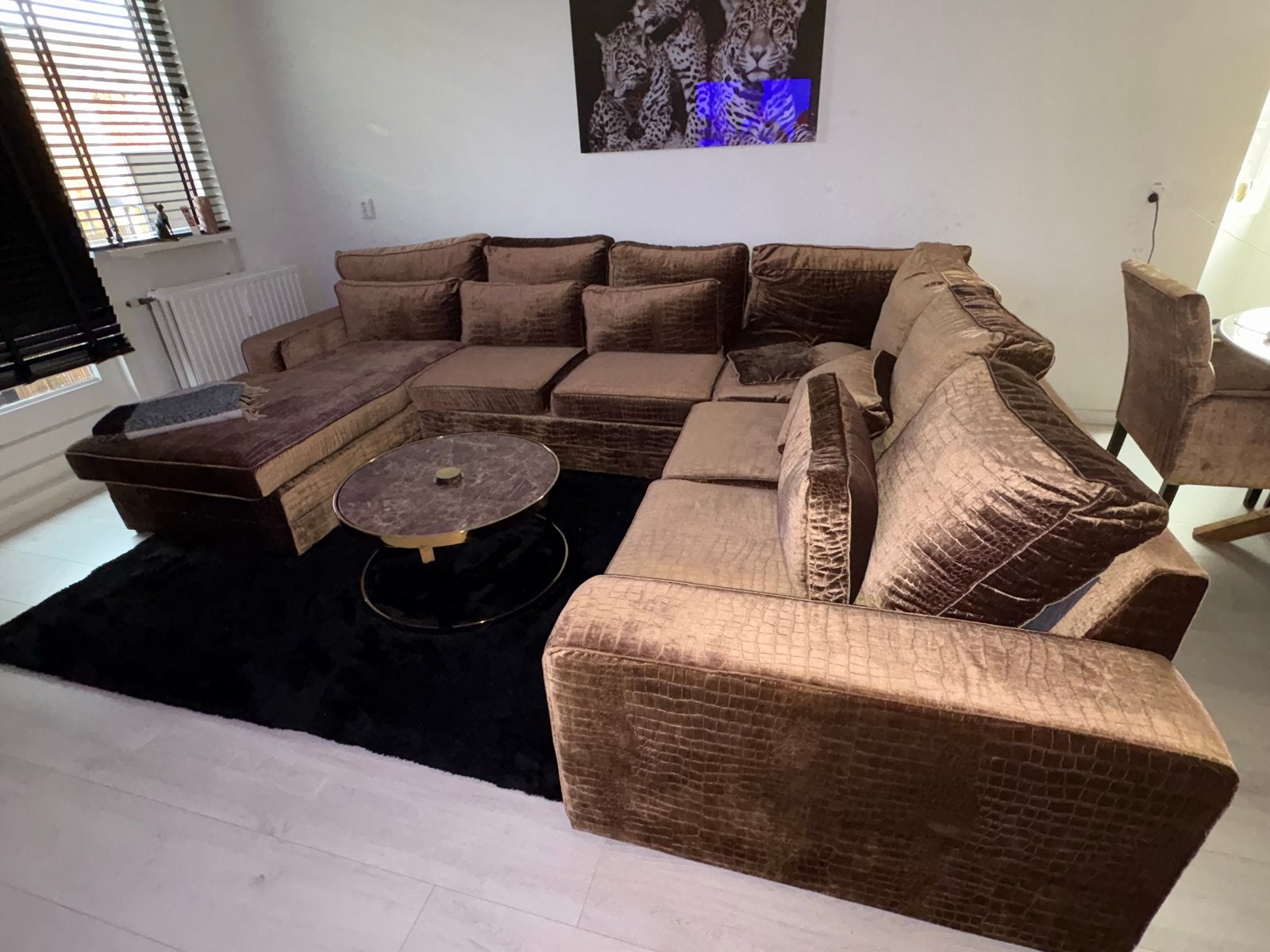 Croco Velvet U-Bankstel - 5 Zitplaatsen + Lounge, Ophalen, Hoekbank, 300 cm of meer, Zo goed als nieuw