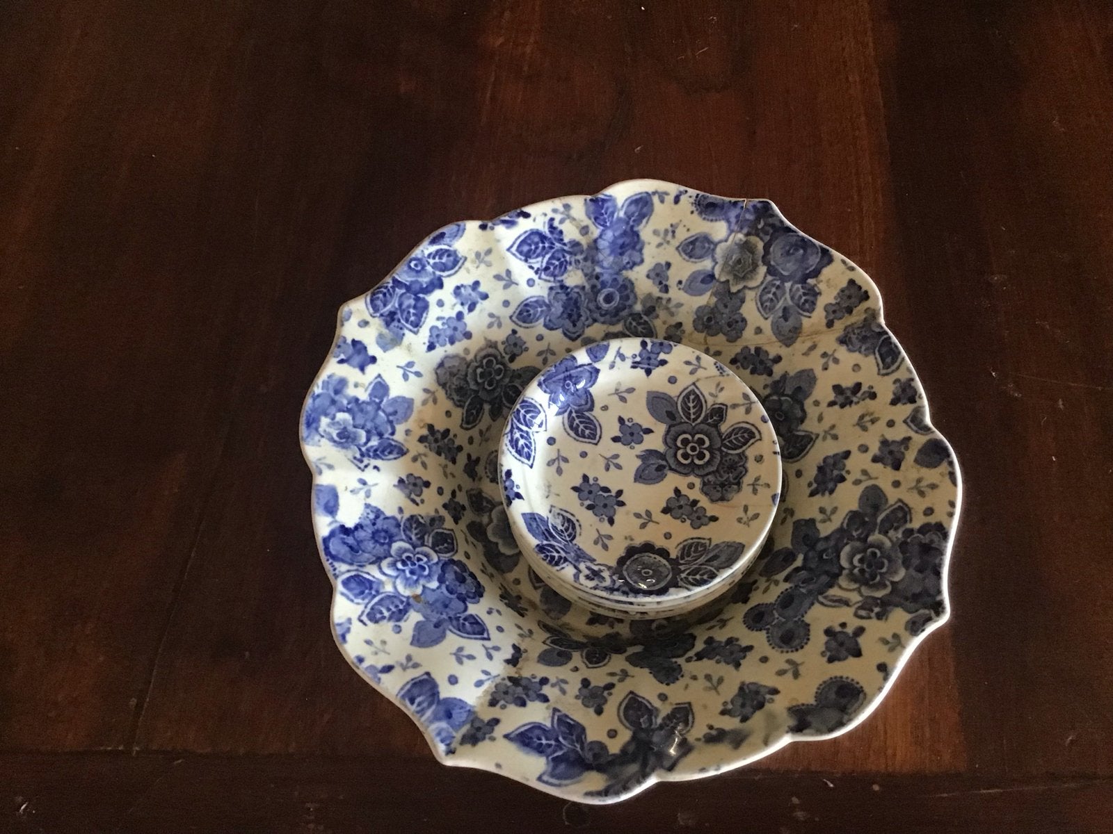 Antieke Beatrix schaal en schoteltjes, blauw bloemmotief, Ophalen of Verzenden