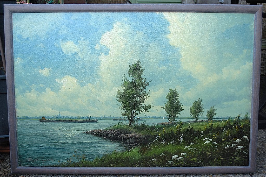Herman Wijngaard (1922-2012) groot olieverf op doek 65x91 cm, Maritiem / water, Doek, Ophalen of Verzenden, Gesigneerd