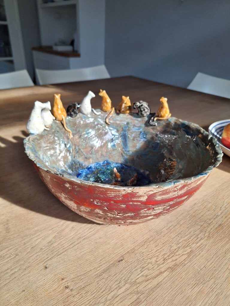 Uniek handgemaakt kunstobject met poezen en visjes., Ophalen