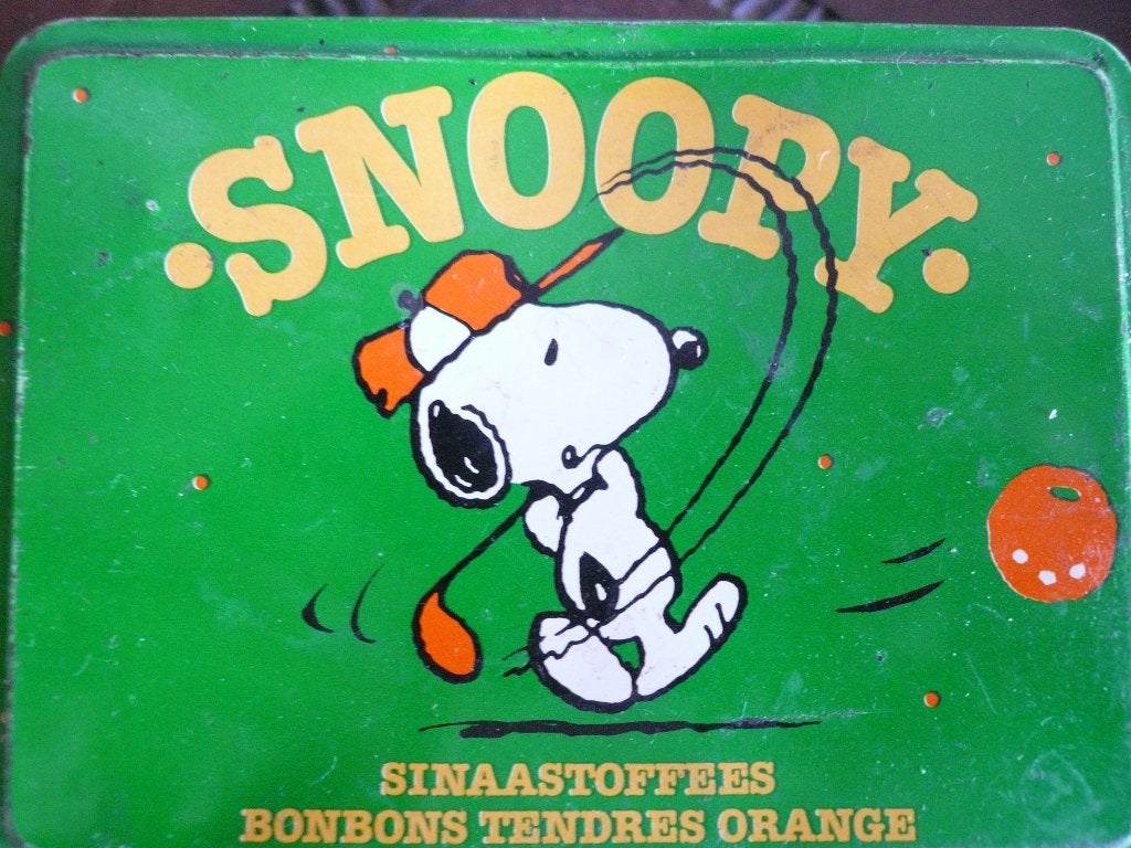 PEANUTS oud sinaasappel SNOOPY bonbons blik van MELLE, Verzamelen, Blikken, Ophalen of Verzenden, Gebruikt, Overige, Overige merken