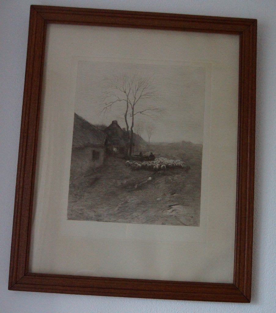 Ets van Anton Mauve Schaapsherder met kudde door C.L.Dake, Ophalen, Ingelijst, 1800 - 1899, Ets
