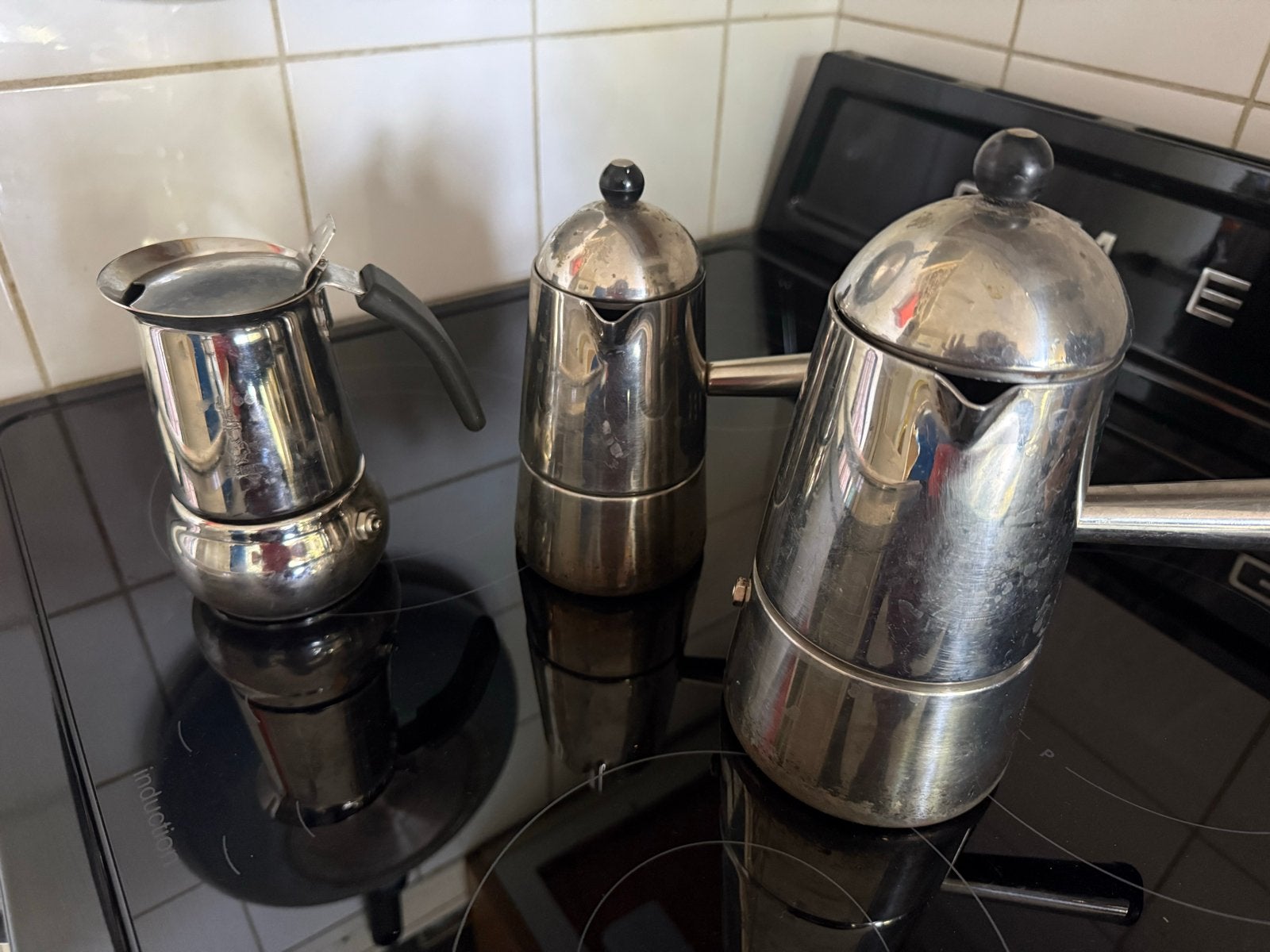 Drie RVS Espresso Apparaten voor 1 of 2 Personen, Gebruikt, Espresso apparaat, Gemalen koffie, Ophalen of Verzenden