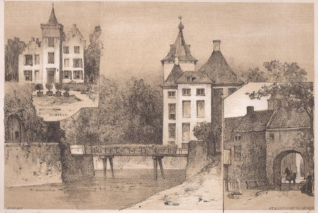 Echteld, Zoelen en Stadspoort Buren. Schipperus.Ca.1875 Lith, Antiek en Kunst, Origineel, 1800 - 1899, Stadsgezicht, Ophalen of Verzenden