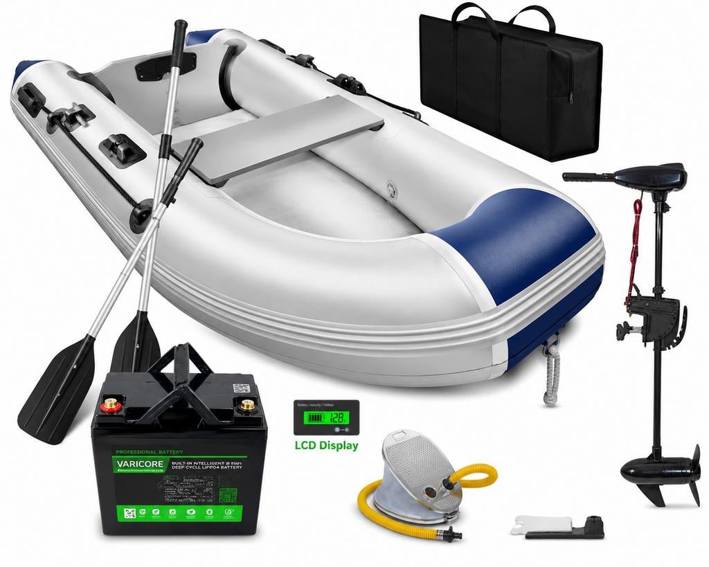 Nieuwe 230 airbodem rubberboot + electro motor +accu, Ophalen, Gebruikt, Minder dan 5 pk, Viertaktmotor