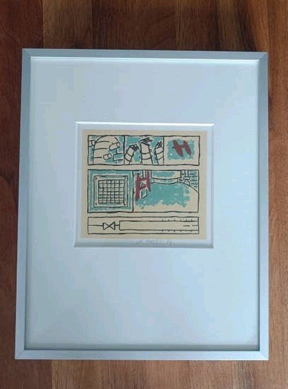 Ingelijst werk Shell Pernis 1989 - Joke van der Meer-Bouts, Gebruikt, Met afbeelding, Metaal, Zilver