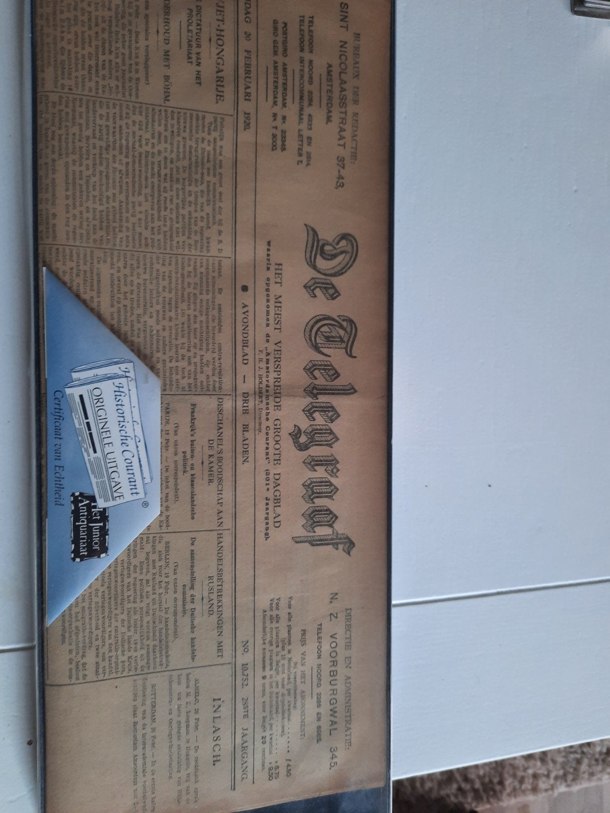 De Telegraaf - Historische Courant 20 Februari 1920, Ophalen, Gelezen, Krant