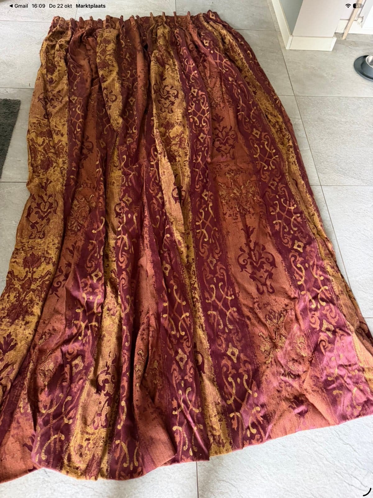 Luxe Overgordijnen - Bordeauxrood met Goudpatroon, Met haken, Ophalen of Verzenden, Rood, Gebruikt