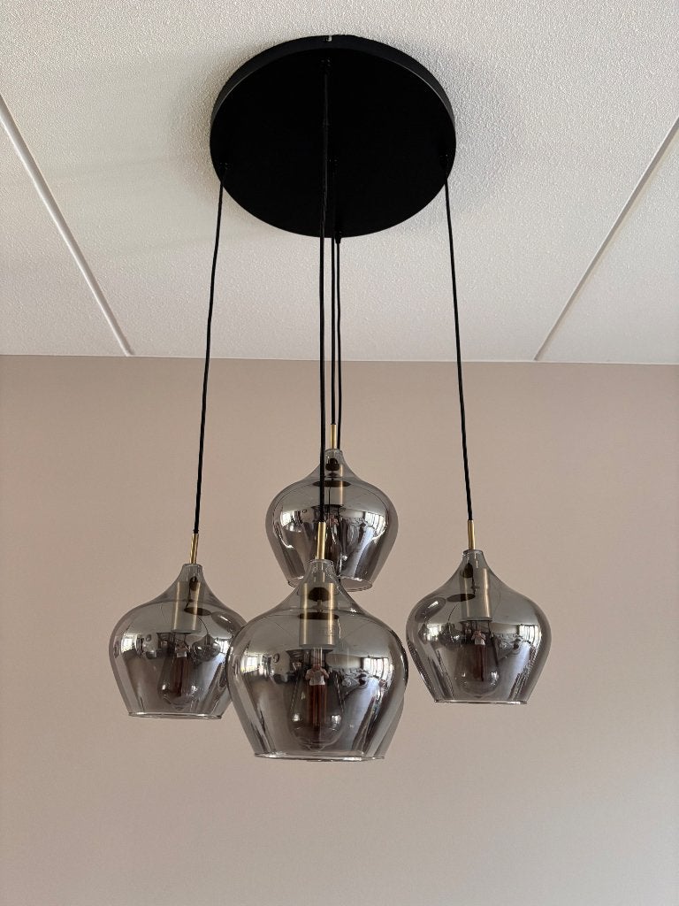 Hanglamp dimbaar smoke glas 5 bollen, E27 (groot), Ophalen of Verzenden, Glas, Hotel chique