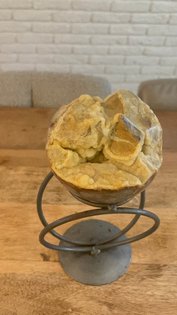 Gele Druzy Geode Bol met Standaard - Kristal Decoratie, Antiek en Kunst, Antiek | Glas en Kristal, Ophalen of Verzenden