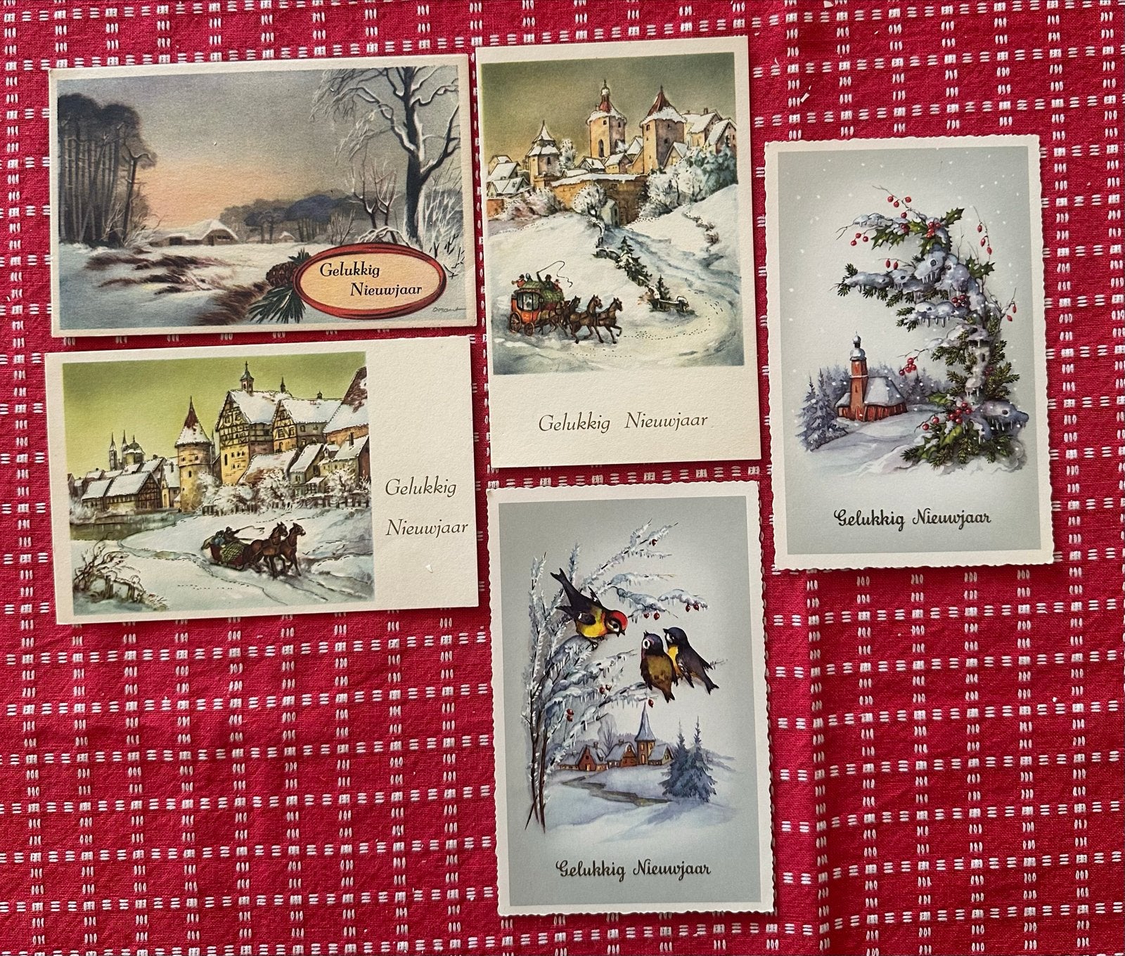 5 Oude Nieuwjaarskaarten - Winterlandschappen, Verzamelen, Verzenden, Voor 1920, Ongelopen
