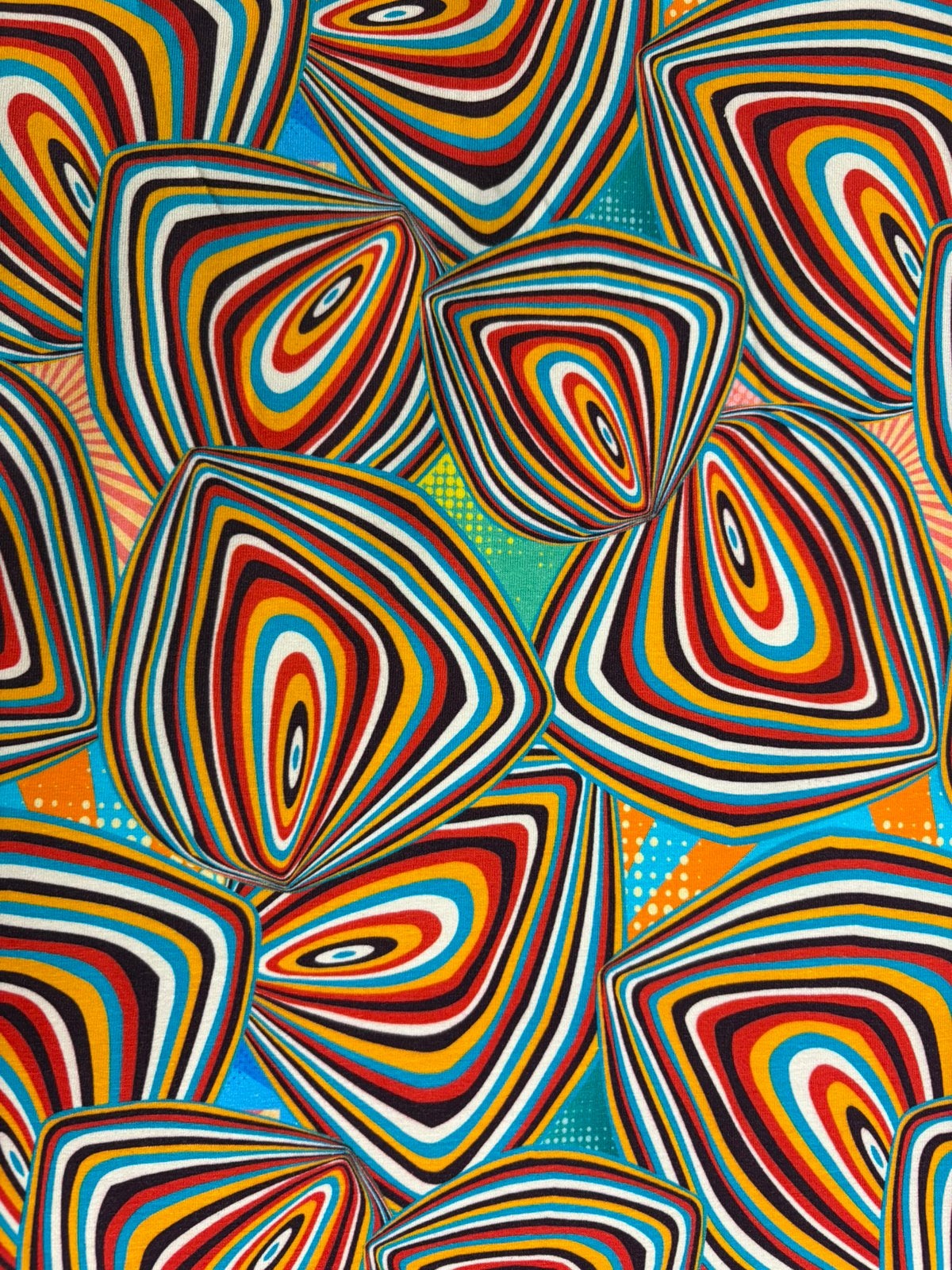 Tricot stof met kleurrijke retroprint all-over, 120 cm of meer, Ophalen of Verzenden, Katoen, Nieuw