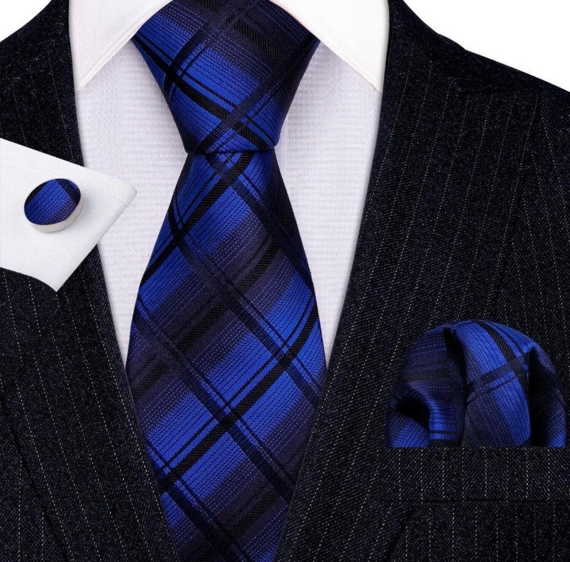 100% Zijde Stropdas, Pochet & Manchetknopen - Blauw Zwart, Ophalen of Verzenden, Nieuw, Blauw, Met patroon