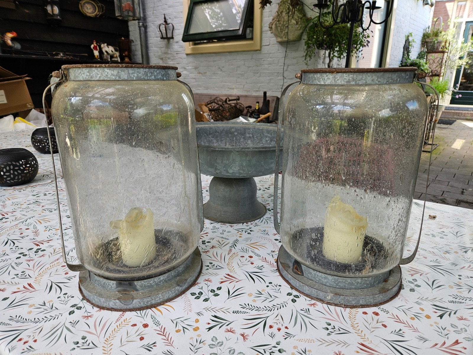 Mooie zinken set: 2 lantaarns en zinken schaal, Ophalen of Verzenden