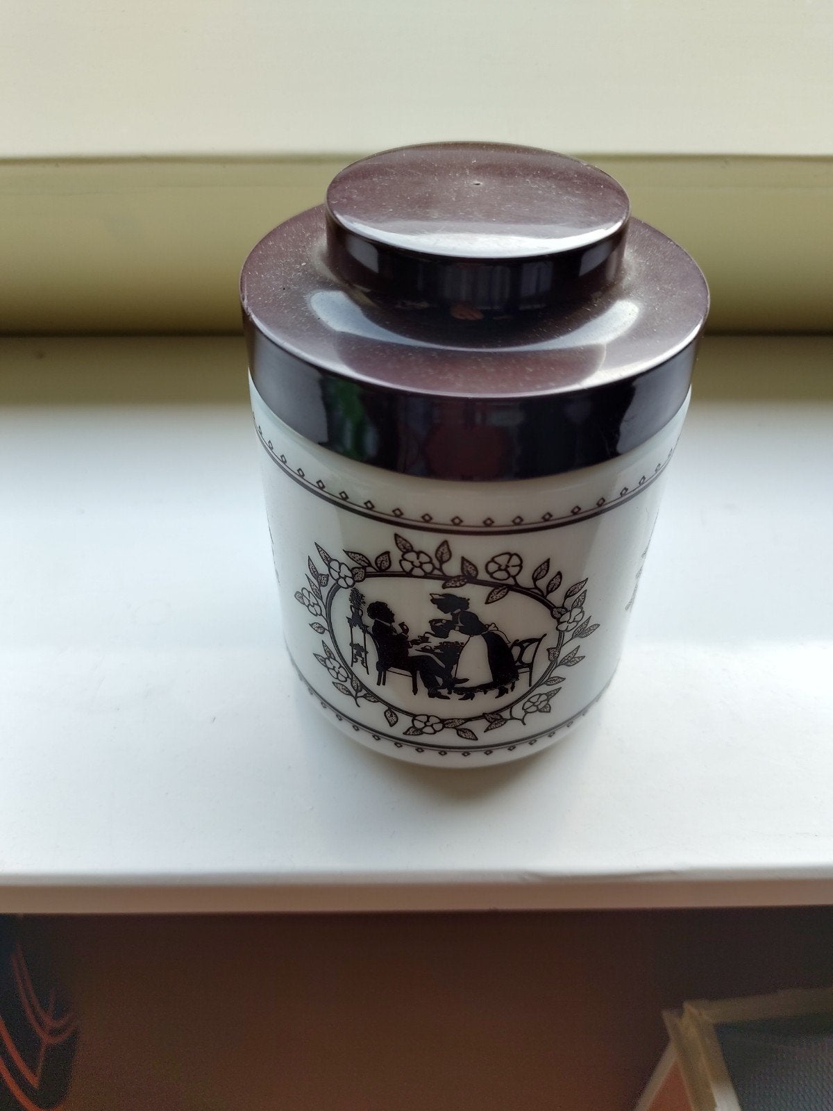 Vintage voorraadpot met silhouet decoratie, Ophalen of Verzenden