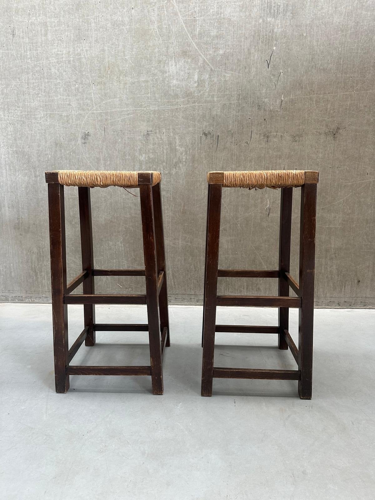 Set Vintage Barkrukken Eikenhout Met Rieten Zitting, Ophalen, Gebruikt, 60 tot 90 cm, X