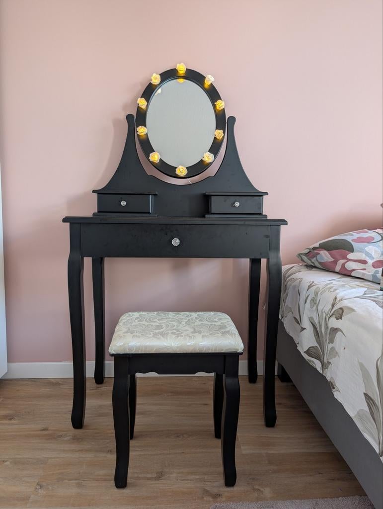 Zwarte kaptafel met krukje en verlichting, Ophalen, Gebruikt, 100 tot 150 cm, 50 tot 100 cm