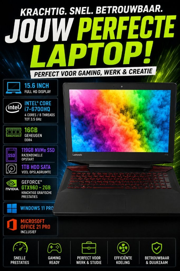 Lenovo Y700 /i7/16GB/119NVMe + 1TB HDD/GTX960-2Gb/win11pro, Computers en Software, Windows Laptops, Met videokaart, Lenovo Laptop