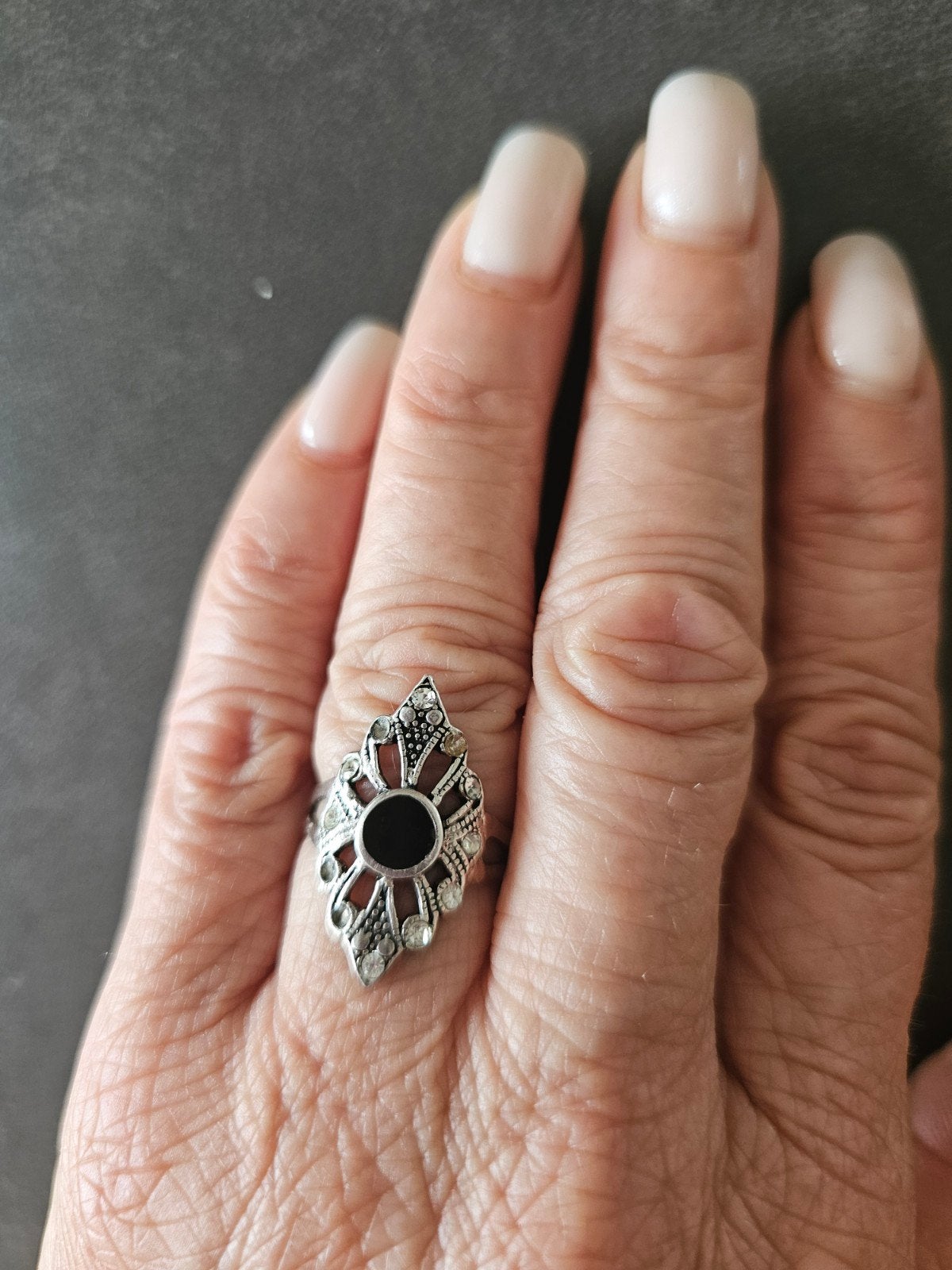 Vintage 925 Zilveren Ring met Marchasiet en Onyx, Gebruikt, Ophalen of Verzenden, Met edelsteen, Dame
