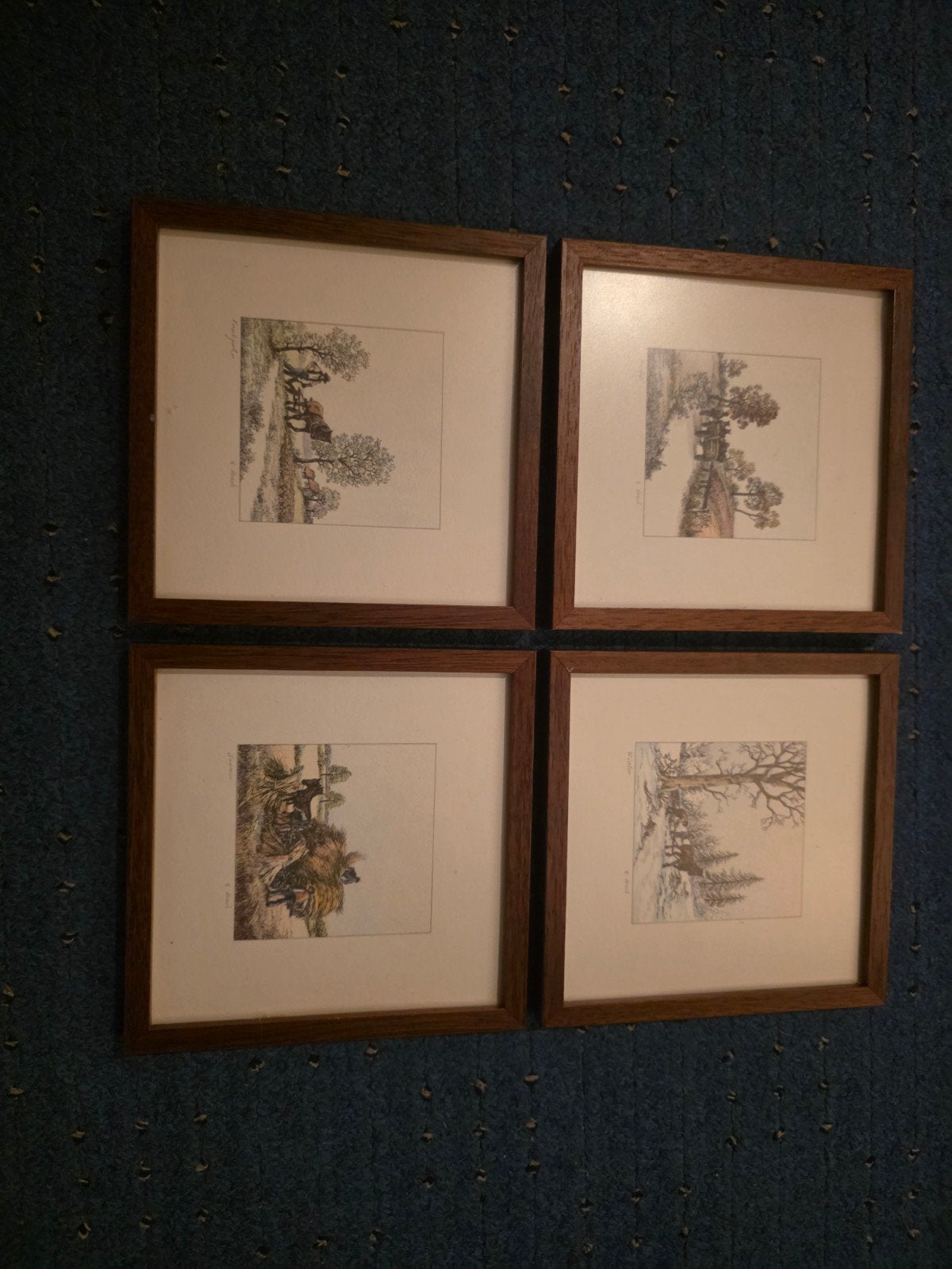 Set van 4 ingelijste prints met jachttaferelen, Minder dan 50 cm, Gebruikt, Ophalen of Verzenden, Print