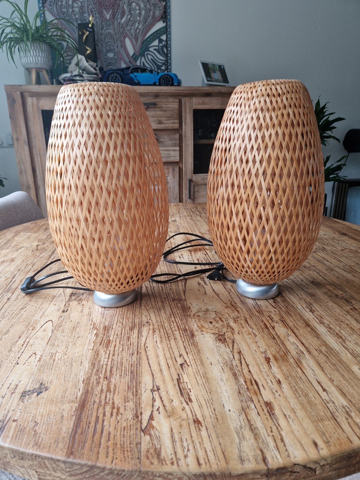 Set van 2 bamboe (tafel/nachtkastje) lampen met schakelaar, Huis en Inrichting, Lampen | Tafellampen, Ophalen, Met schakelaar