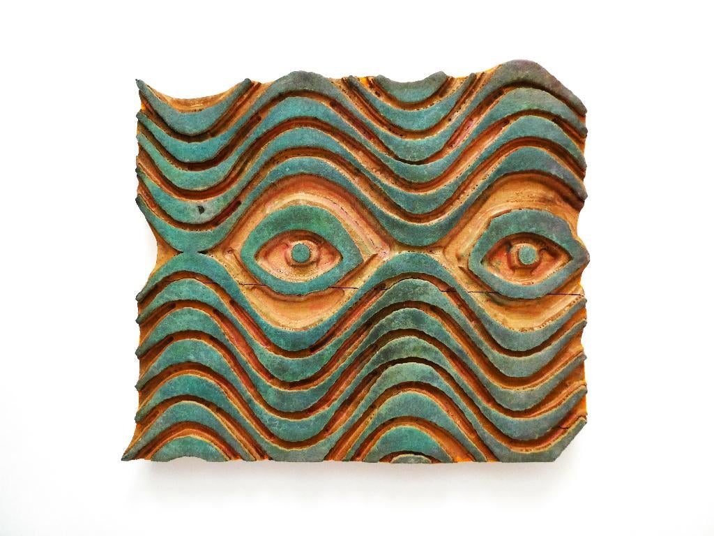 Grote houten batik stempel/ sjabloom kijkende ogen turquoise, Ophalen of Verzenden