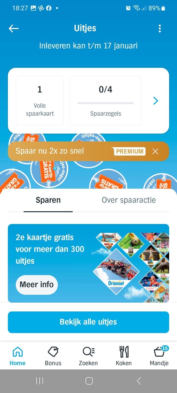 uitjes zegels ( 1 volle spaarkaart) actie albertheijn, Tickets en Kaartjes, Eén persoon, Kortingsbon, Pretpark