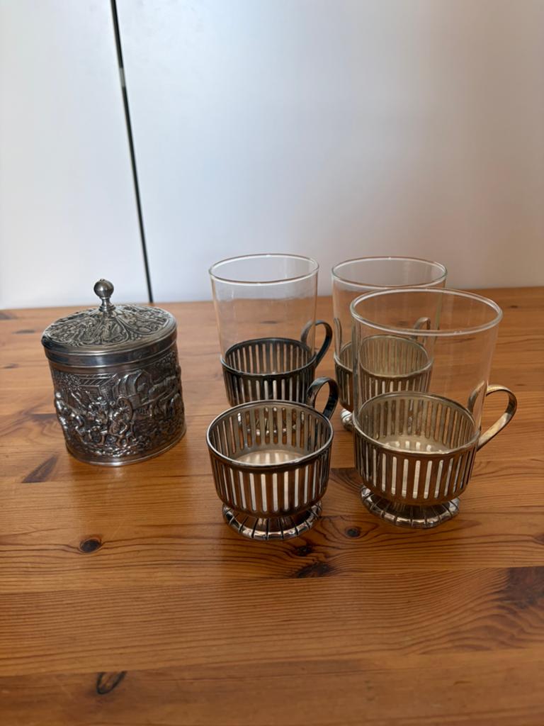 Vintage D.E theeglashouders met glazen en suikerpot, Antiek en Kunst, Ophalen of Verzenden